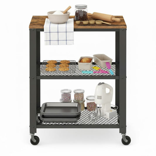 3-Laags Serveerwagen op Wielen – Multifunctionele Roltafel met Opbergrek – Keuken Trolley voor Opslag, Etagère, Barcart en Organisatie