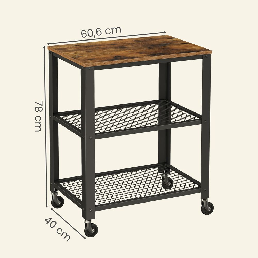 3-Laags Serveerwagen op Wielen – Multifunctionele Roltafel met Opbergrek – Keuken Trolley voor Opslag, Etagère, Barcart en Organisatie