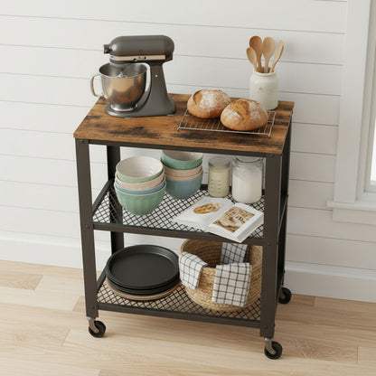 3-Laags Serveerwagen op Wielen – Multifunctionele Roltafel met Opbergrek – Keuken Trolley voor Opslag, Etagère, Barcart en Organisatie