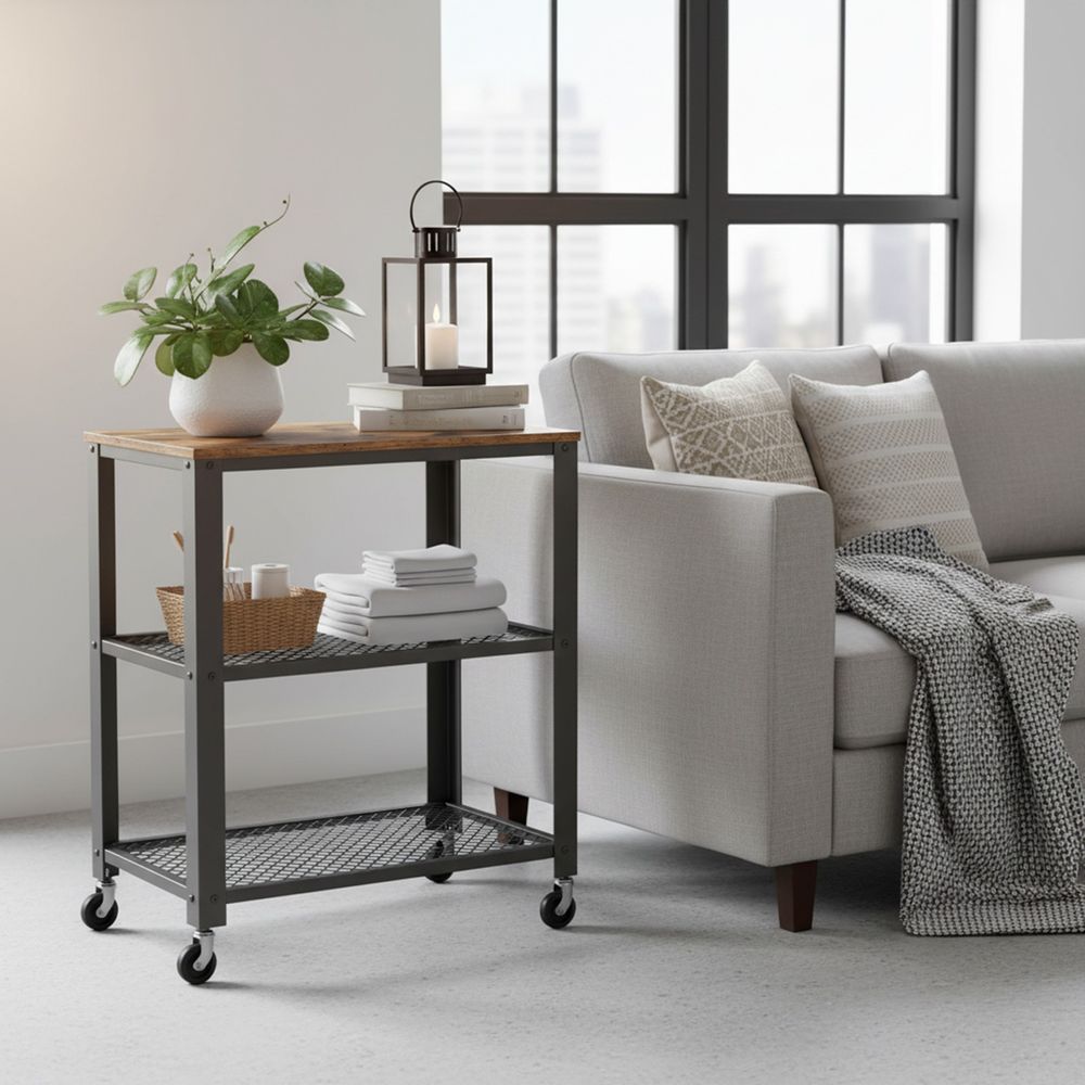 3-Laags Serveerwagen op Wielen – Multifunctionele Roltafel met Opbergrek – Keuken Trolley voor Opslag, Etagère, Barcart en Organisatie