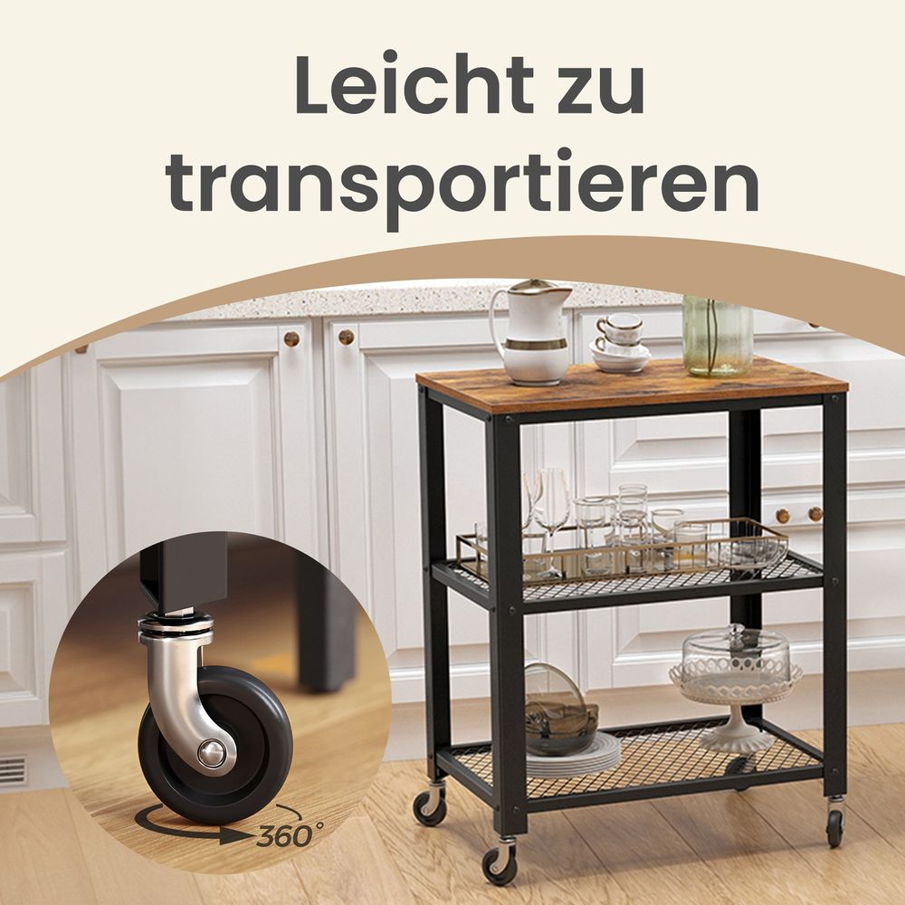 3-Laags Serveerwagen op Wielen – Multifunctionele Roltafel met Opbergrek – Keuken Trolley voor Opslag, Etagère, Barcart en Organisatie