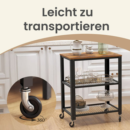 3-Laags Serveerwagen op Wielen – Multifunctionele Roltafel met Opbergrek – Keuken Trolley voor Opslag, Etagère, Barcart en Organisatie