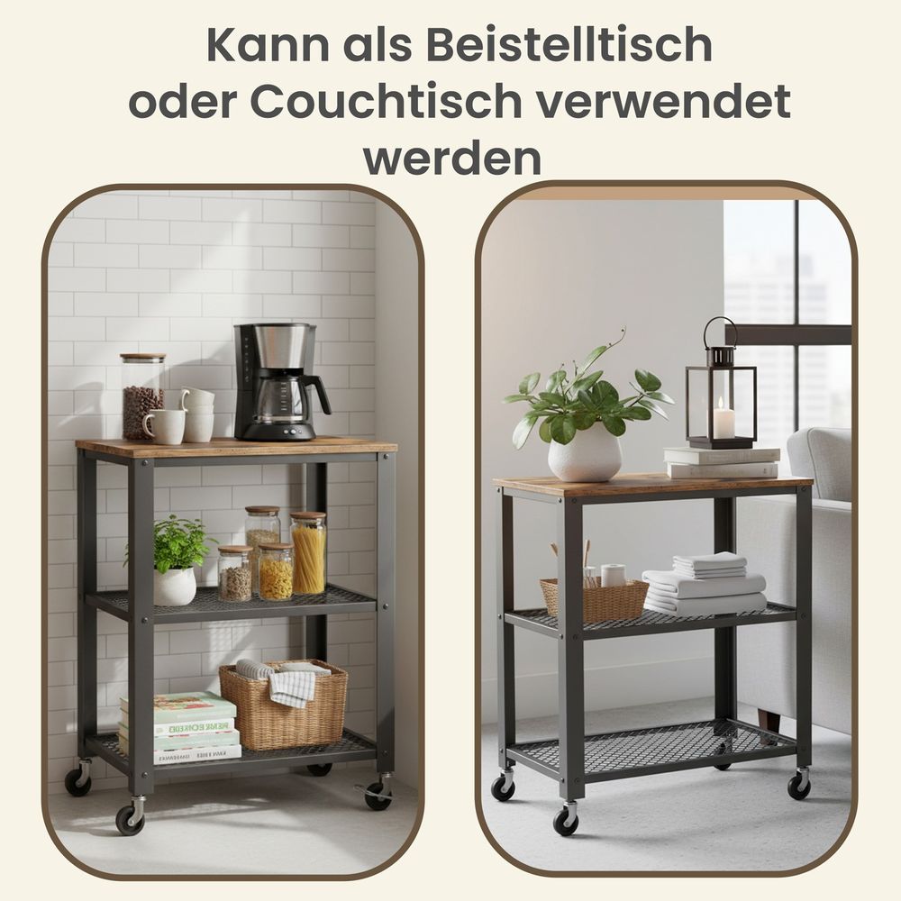 3-Laags Serveerwagen op Wielen – Multifunctionele Roltafel met Opbergrek – Keuken Trolley voor Opslag, Etagère, Barcart en Organisatie