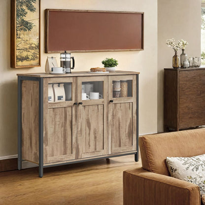 Sideboard met Glazen Deuren in Camelbruin en Inktzwart – Moderne Opbergkast voor Woonkamer en Eetkamer