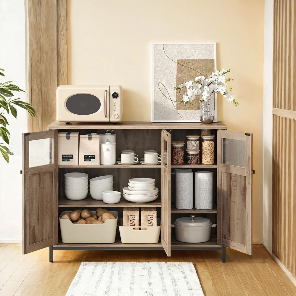 Sideboard met Glazen Deuren in Camelbruin en Inktzwart – Moderne Opbergkast voor Woonkamer en Eetkamer