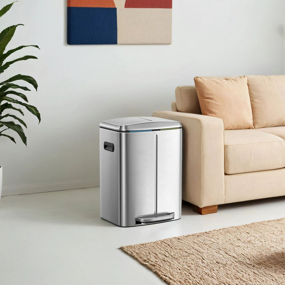 Signature Home Dubbele afvalemmer 2×20L – Metalen afvalbak met 2 compartimenten voor afvalscheiding