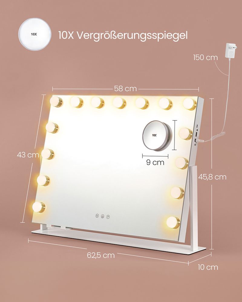 Modena Make-upspiegel met Verlichting en Oplaadpoorten – Mat Wit-Make-upspiegel met LED-verlichting en USB-oplaadpoorten – Matwitte Afwerking