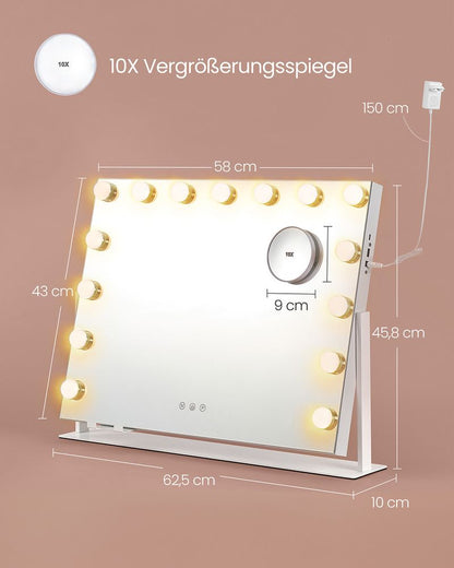 Modena Make-upspiegel met Verlichting en Oplaadpoorten – Mat Wit-Make-upspiegel met LED-verlichting en USB-oplaadpoorten – Matwitte Afwerking