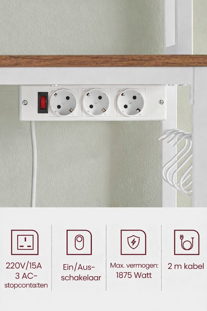 Keuken Opbergrek Vrijstaand met Stopcontact & 14 Haken – Walnootbruin Werkblad, Wit Frame