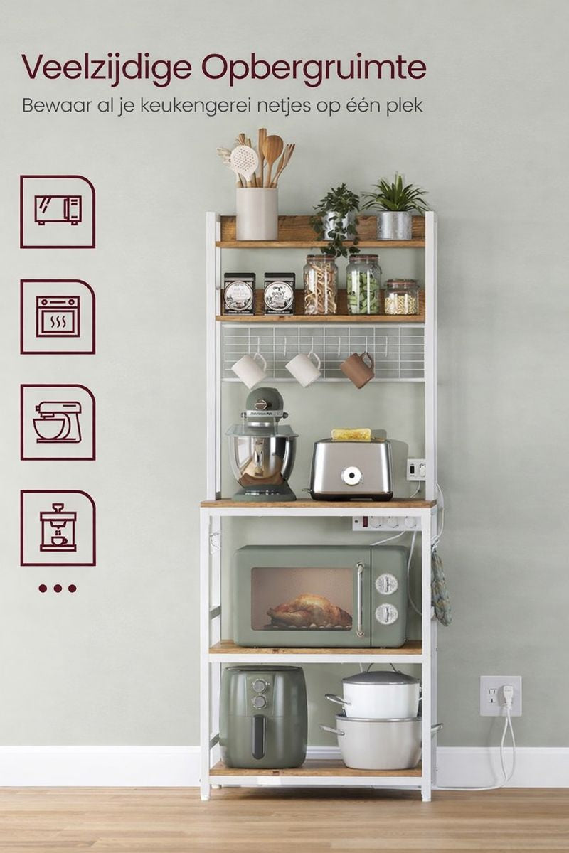 Keuken Opbergrek Vrijstaand met Stopcontact & 14 Haken – Walnootbruin Werkblad, Wit Frame