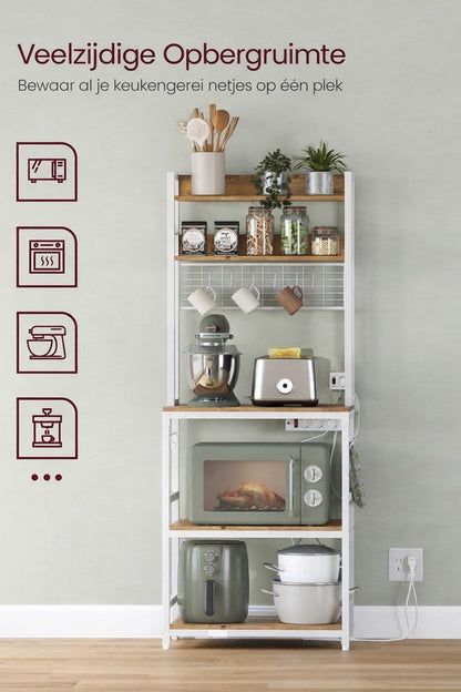 Keuken Opbergrek Vrijstaand met Stopcontact & 14 Haken – Walnootbruin Werkblad, Wit Frame