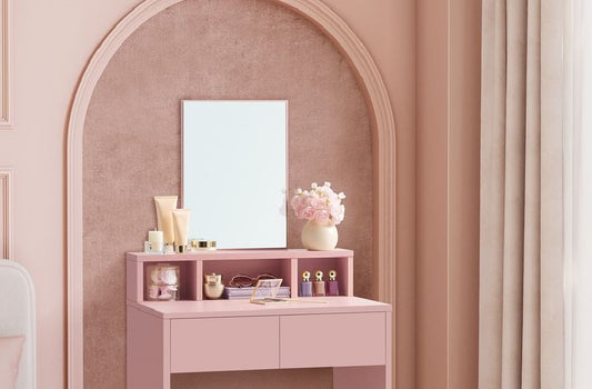 Rome Moderne Kaptafel met Spiegel en 2 Lades – Pastelroze-Makeup Vintage Kaptafel met Spiegel en 2 Lades – Zachtroze Elegantie