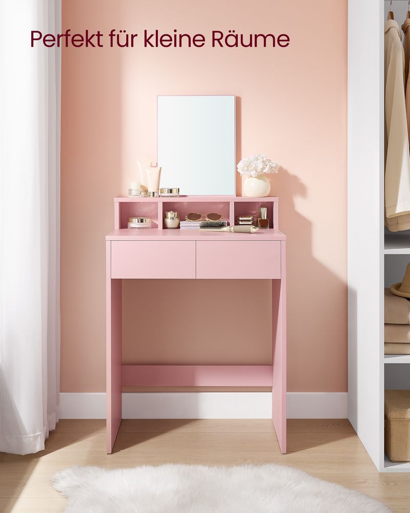 Rome Moderne Kaptafel met Spiegel en 2 Lades – Pastelroze-Makeup Vintage Kaptafel met Spiegel en 2 Lades – Zachtroze Elegantie
