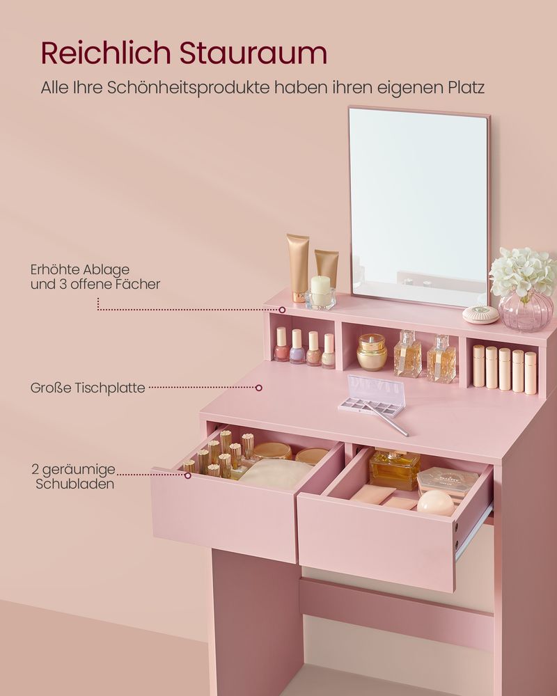 Rome Moderne Kaptafel met Spiegel en 2 Lades – Pastelroze-Makeup Vintage Kaptafel met Spiegel en 2 Lades – Zachtroze Elegantie