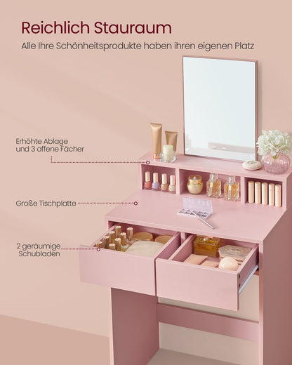 Rome Moderne Kaptafel met Spiegel en 2 Lades – Pastelroze-Makeup Vintage Kaptafel met Spiegel en 2 Lades – Zachtroze Elegantie