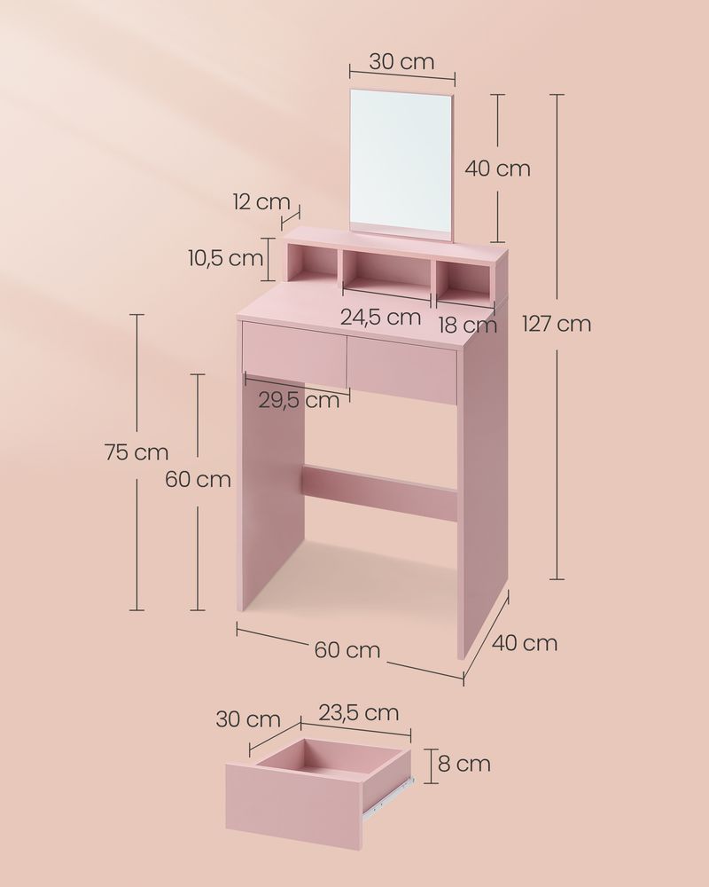 Rome Moderne Kaptafel met Spiegel en 2 Lades – Pastelroze-Makeup Vintage Kaptafel met Spiegel en 2 Lades – Zachtroze Elegantie