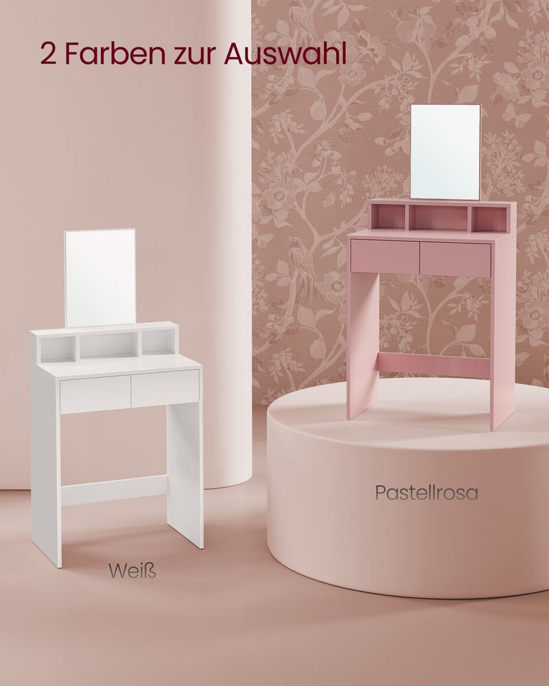 Rome Moderne Kaptafel met Spiegel en 2 Lades – Pastelroze-Makeup Vintage Kaptafel met Spiegel en 2 Lades – Zachtroze Elegantie