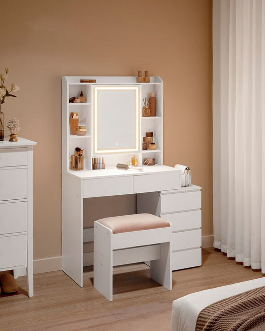Lanciano Moderne Kaptafel met LED-verlichting – Wolkenwit – Makeup Tafel met Spiegel  Wolkenwitte Makeup Tafel met LED-verlichting