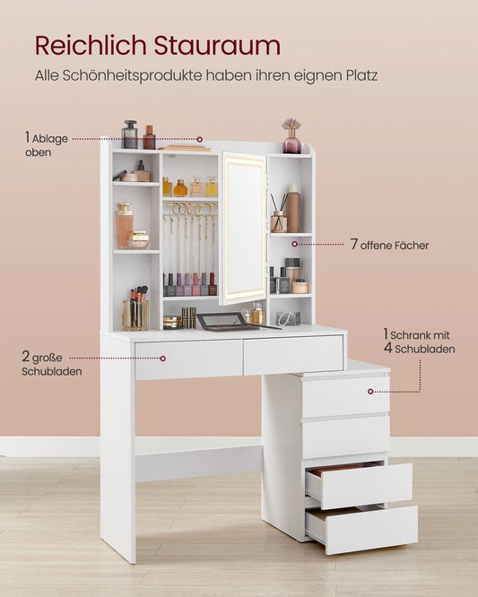 Venosa Moderne Kaptafel met LED-verlichting – Wolkenwit – Makeup Tafel met Spiegel en Lades-Opbergruimte