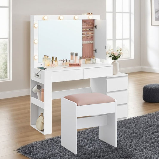 Venice Kaptafel met Spiegel, LED-Verlichting en Sieradenkastje-Vanity Tafel met LED, Spiegel en Juwelenkast-Makeup Tafel