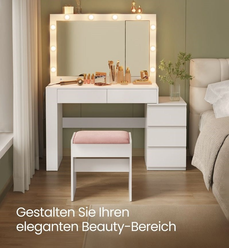 Paris Ruime Kaptafel in Wit – Met Grote Spiegel voor Makeup of Slaapkamer- Kaptafel met XL Spiegel – Minimalistisch Design in Modern Wit