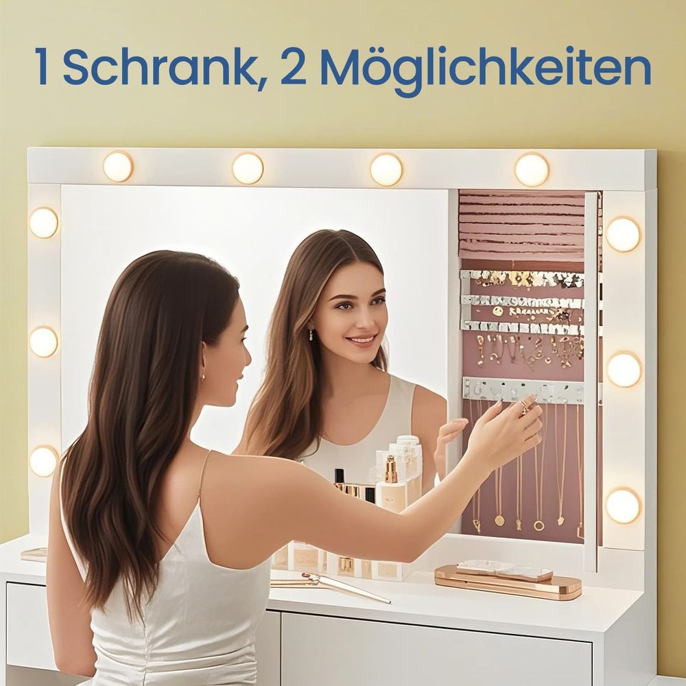 Venice Kaptafel met Spiegel, LED-Verlichting en Sieradenkastje-Vanity Tafel met LED, Spiegel en Juwelenkast-Makeup Tafel