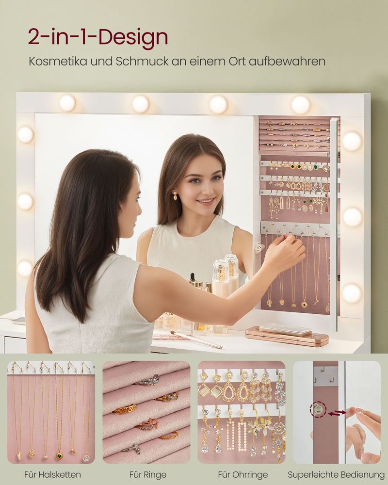 Paris Ruime Kaptafel in Wit – Met Grote Spiegel voor Makeup of Slaapkamer- Kaptafel met XL Spiegel – Minimalistisch Design in Modern Wit