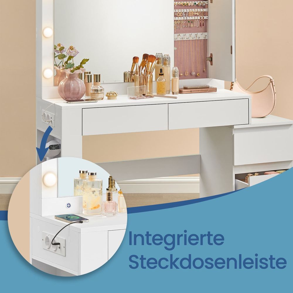 Venice Kaptafel met Spiegel, LED-Verlichting en Sieradenkastje-Vanity Tafel met LED, Spiegel en Juwelenkast-Makeup Tafel