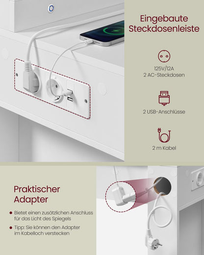 Modena Kaptafel met Spiegel en LED-Verlichting – Cloud White-Stijlvolle Kaptafel met LED-Makeup tafel