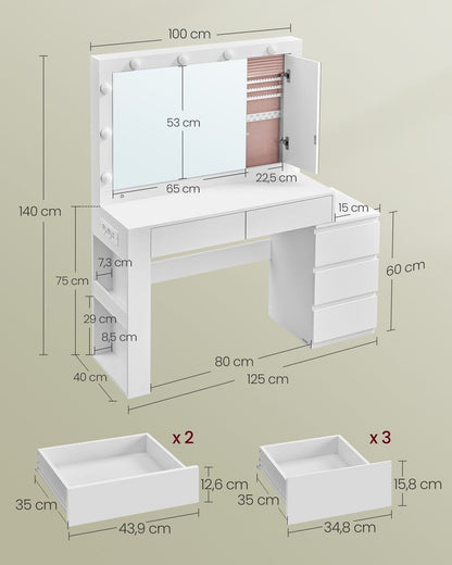 Modena Kaptafel met Spiegel en LED-Verlichting – Cloud White-Stijlvolle Kaptafel met LED-Makeup tafel