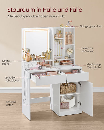 Milan Kaptafel met LED-verlichting en Spiegel – 90 cm Breed – Make-up Tafel met Opbergruimte