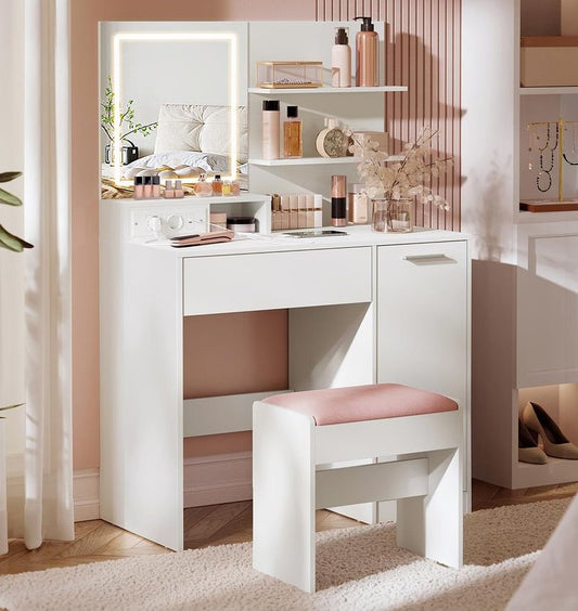 Nola Kailyn Collectie – Luxe Kaptafel met LED-spiegel, Opberglade en Open Planken-Makeup tafel-Lade en Open Opbergvakken – Make-uptafel-