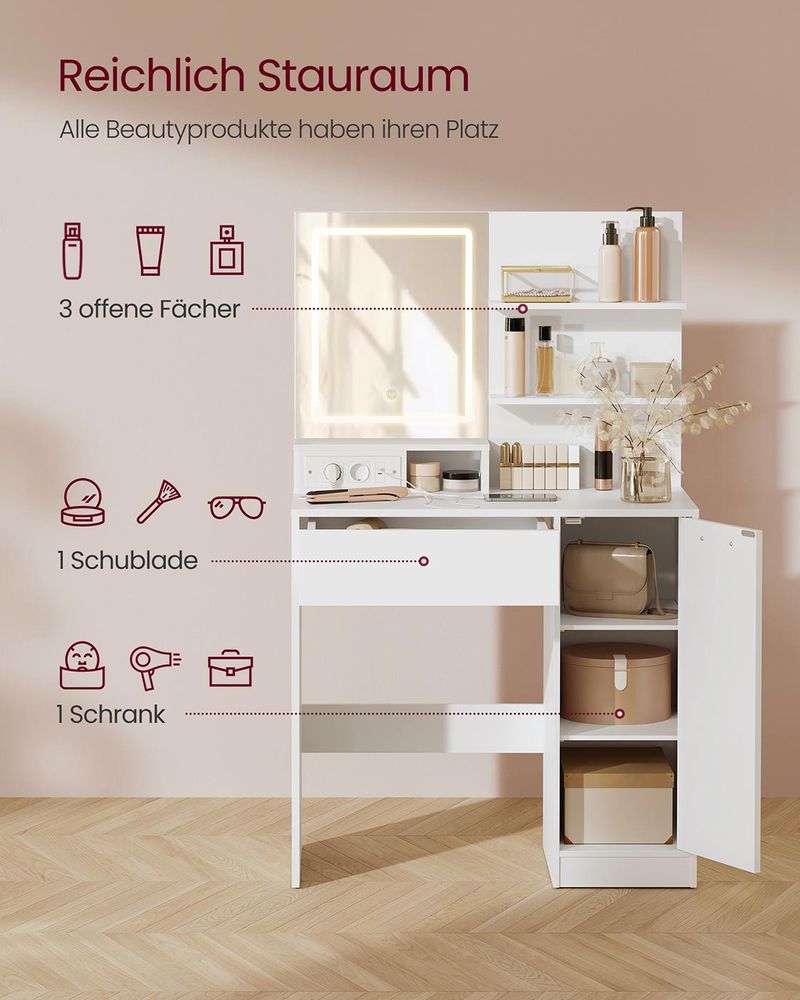 Nola Kailyn Collectie – Luxe Kaptafel met LED-spiegel, Opberglade en Open Planken-Makeup tafel-Lade en Open Opbergvakken – Make-uptafel-