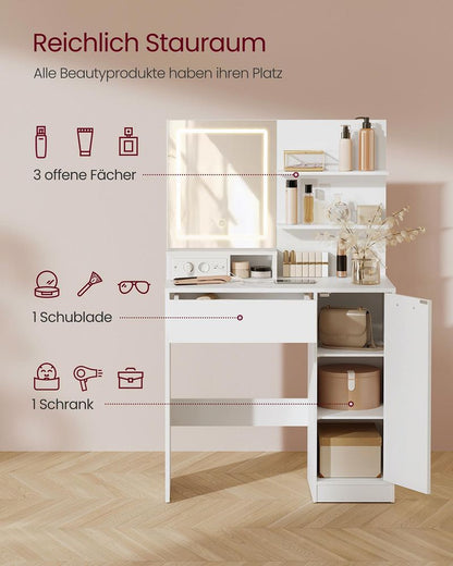 Nola Kailyn Collectie – Luxe Kaptafel met LED-spiegel, Opberglade en Open Planken-Makeup tafel-Lade en Open Opbergvakken – Make-uptafel-
