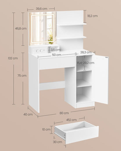 Nola Kailyn Collectie – Luxe Kaptafel met LED-spiegel, Opberglade en Open Planken-Makeup tafel-Lade en Open Opbergvakken – Make-uptafel-