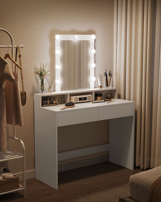 Savona Moderne Witte Kaptafel met LED-verlichting en Spiegel – Make-up Tafel met Lades