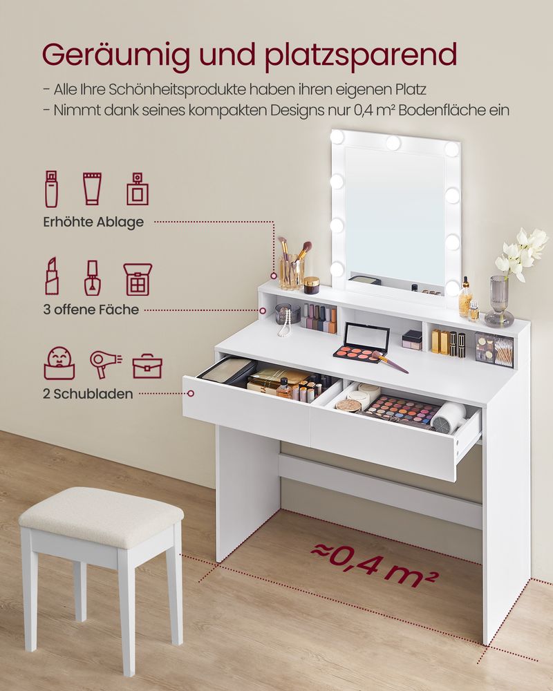 Savona Moderne Witte Kaptafel met LED-verlichting en Spiegel – Make-up Tafel met Lades