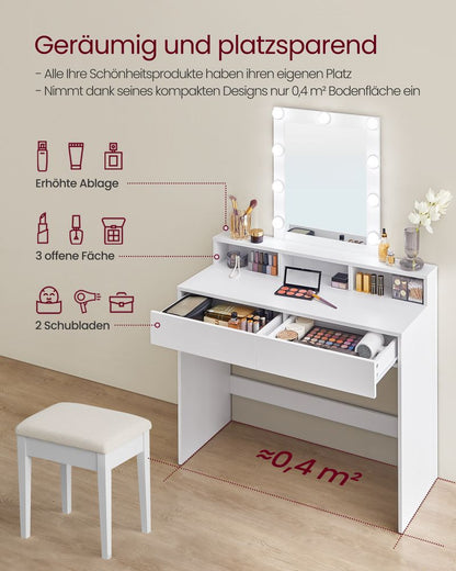 Savona Moderne Witte Kaptafel met LED-verlichting en Spiegel – Make-up Tafel met Lades