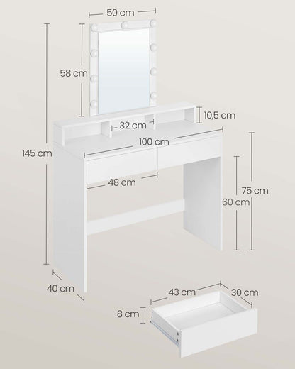 Savona Moderne Witte Kaptafel met LED-verlichting en Spiegel – Make-up Tafel met Lades