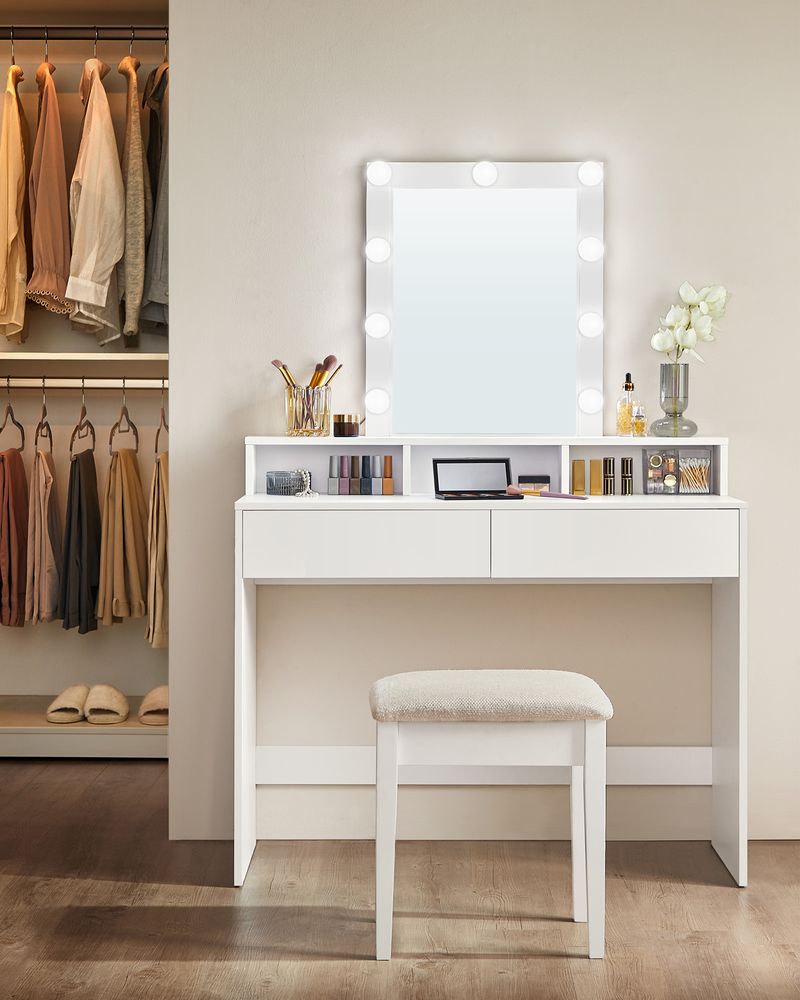 Savona Moderne Witte Kaptafel met LED-verlichting en Spiegel – Make-up Tafel met Lades