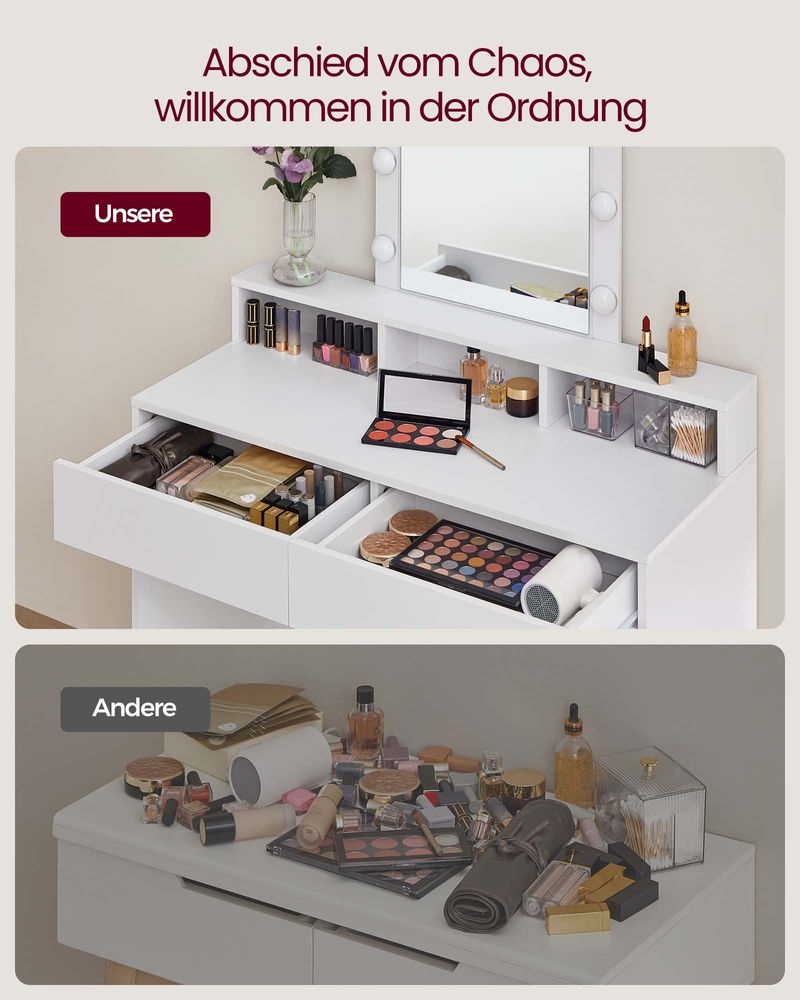 Savona Moderne Witte Kaptafel met LED-verlichting en Spiegel – Make-up Tafel met Lades