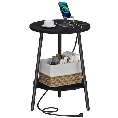 Moderne Ronde Bijzettafel met Oplaadstation & USB-Poorten – Nachtkastje met Opbergbak voor Woonkamer & Slaapkamer