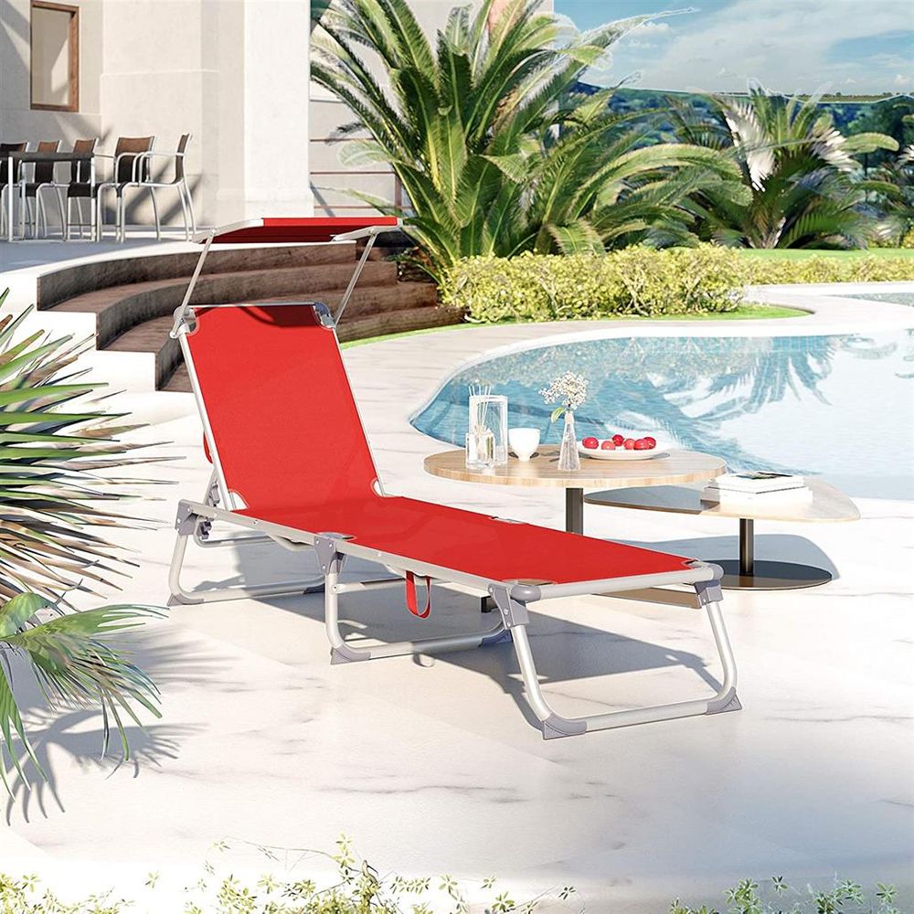 Signature Home Comfortabele Rode Tuinligstoel met Ingebouwd Zonnescherm – Voor Zonnen en Relaxen