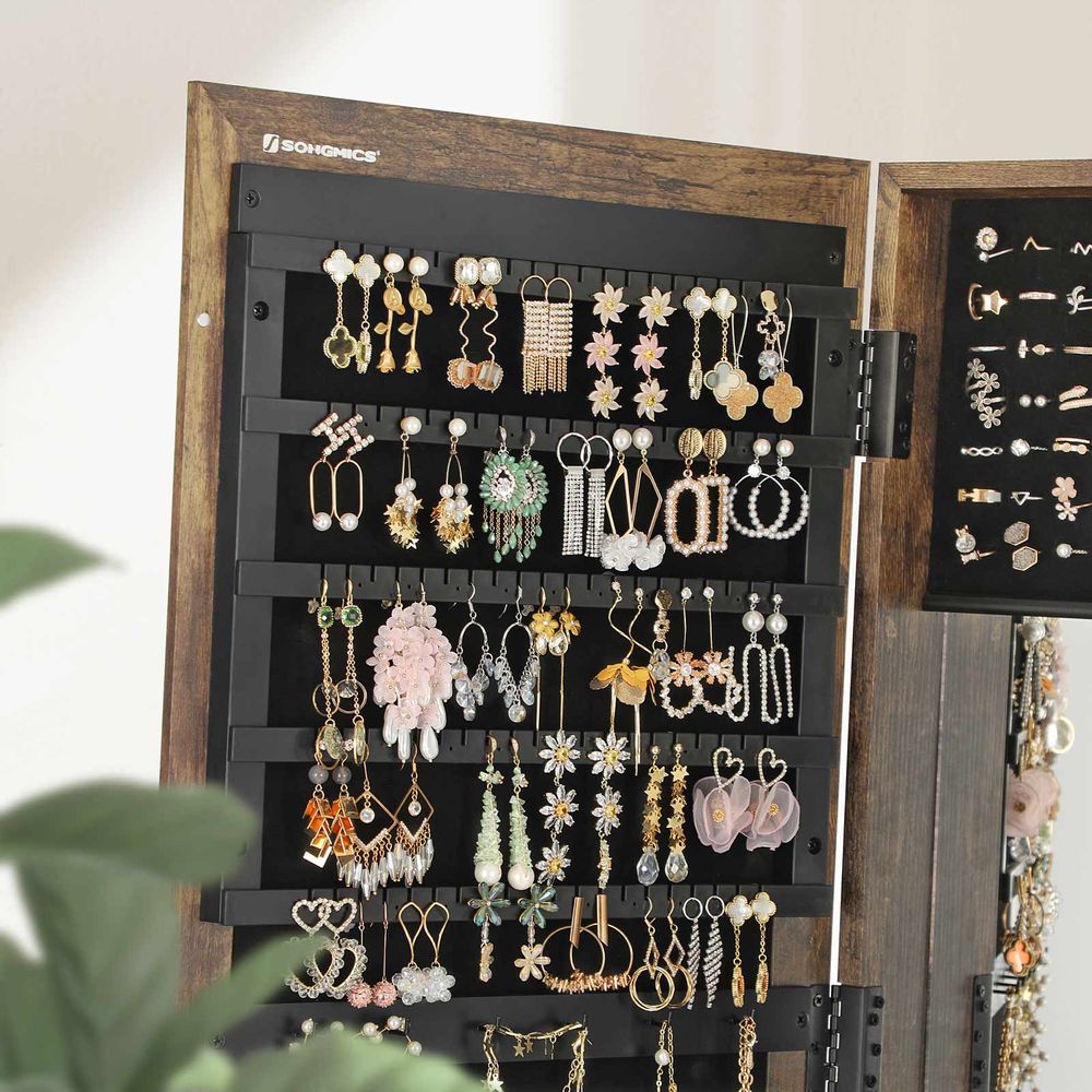 Fowey Sieradenkast 360° Draaibaar – Vintage Brown Juwelenkast met Grote Opbergruimte en Spiegel