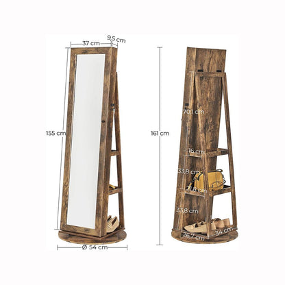 Fowey Sieradenkast 360° Draaibaar – Vintage Brown Juwelenkast met Grote Opbergruimte en Spiegel