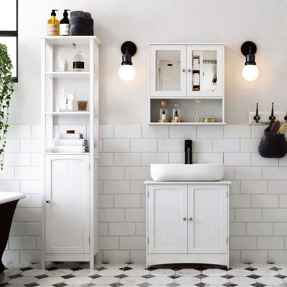 Badkamermeubel Wit met Opbergruimte – Vrijstaande Vanity Unit-Ruimtebesparend-Badkamer met Opbergkast
