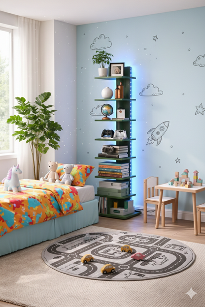 Signature Home Boekenkast 8-Laags – Hoek Boekenrek met LED Verlichting – Open Displaykast – Staande Hoekplank – Bruin – 34 x 26,5 x 122 cm
