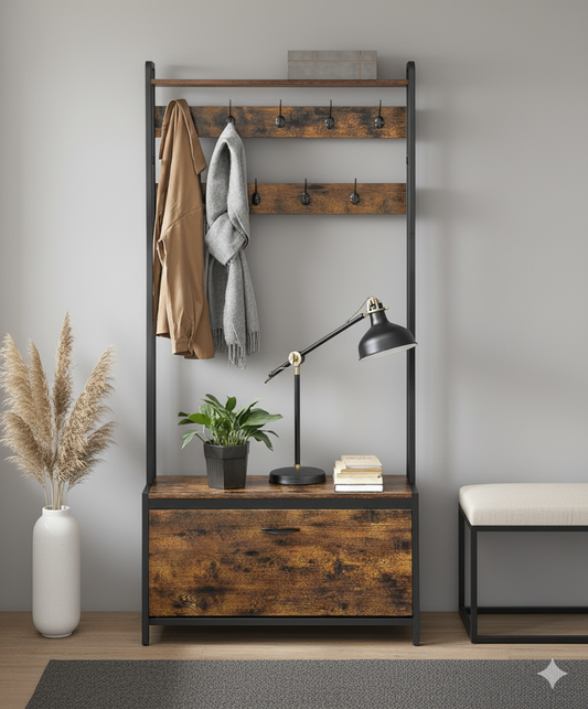 Kapstok met schoenenkast - kapstok met bank - kledingrek - schoenenrek - 9 haken - bovenste plank