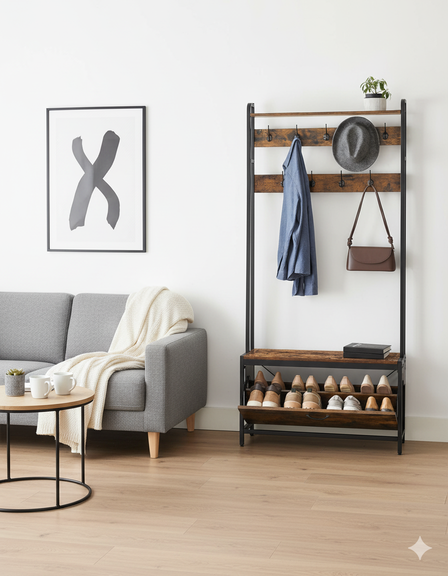 Kapstok met schoenenkast - kapstok met bank - kledingrek - schoenenrek - 9 haken - bovenste plank