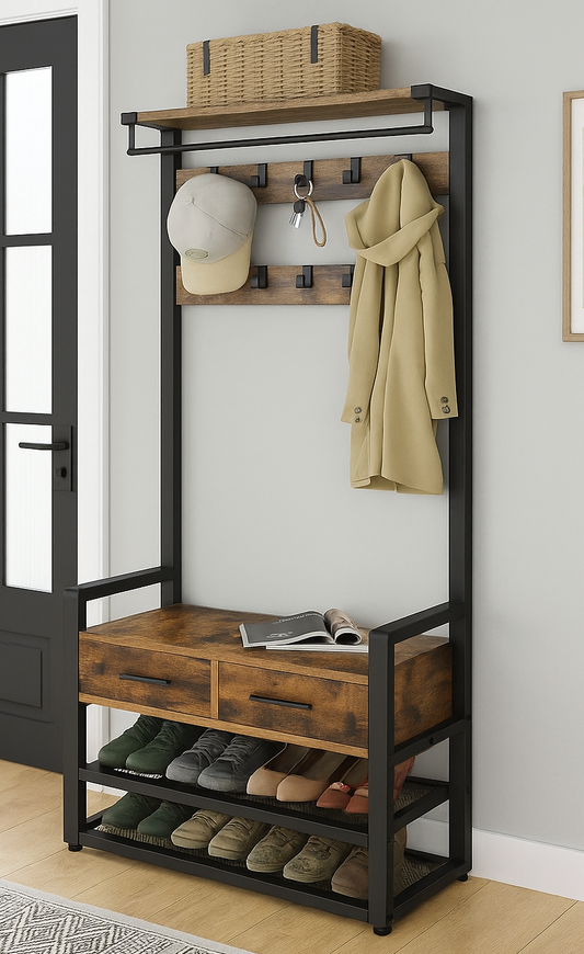 Karako Kapstok met schoenenbank - Garderoberek 10 haken - kledingrek - schoenenrek met 2 stoffen lades - 6 zijhaken